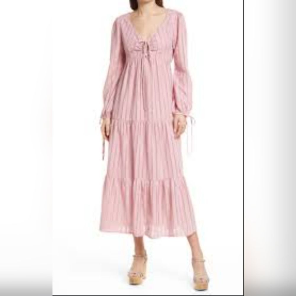 Charles Henry Pink Tiered Long Sleeve Midi Dress Sz L